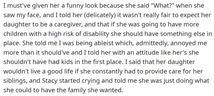 The OP was evidently shocked by her thinking and told her it was unfair to her daughter, which made Stacy cry: