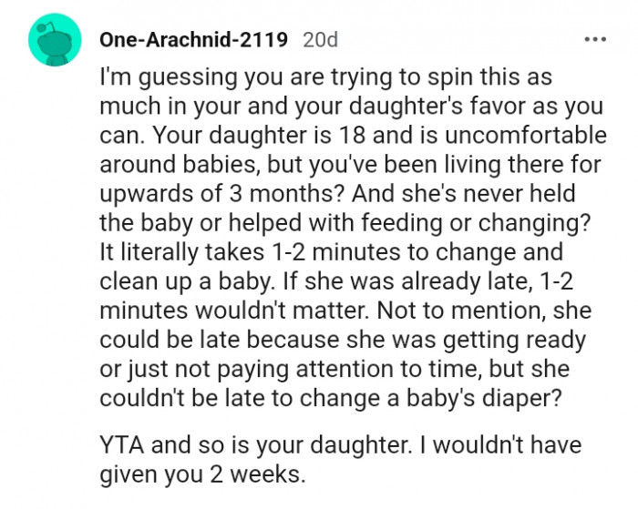 She couldn't be late to change a baby's diaper