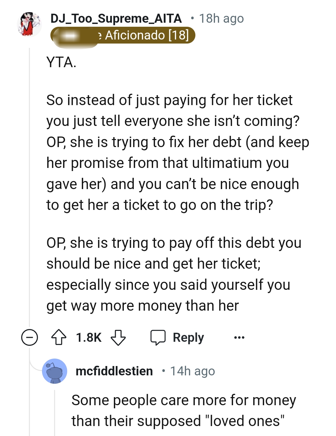 The OP can be kind and buy her a ticket since she is settling her debts