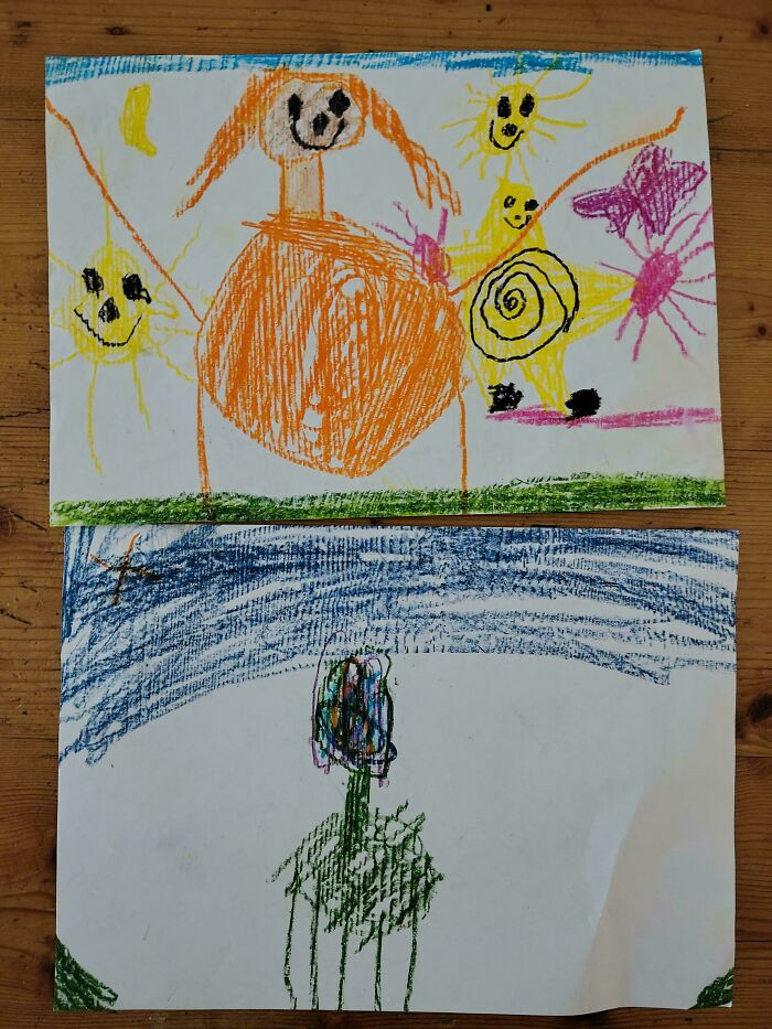 "Drawings My 4-Year-Old Made Before And After Being In Time Out For Hitting His Little Sister"