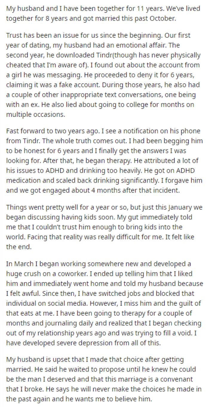 OP starts off by explaining how long they've been together and what their current relationship is like.