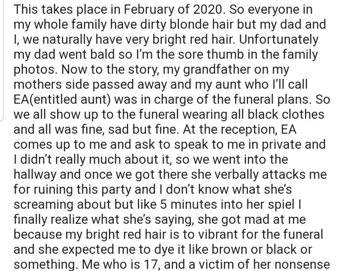 OP's aunt attacked them at their grandfather's funeral due to the color of their natural hair