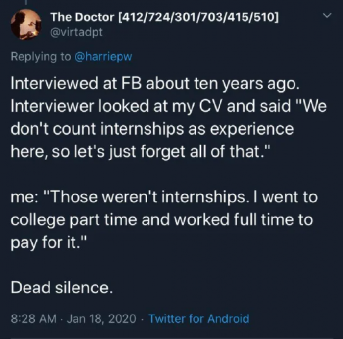 11. “We don’t count internships as experience here, so let’s just forget all of that”
