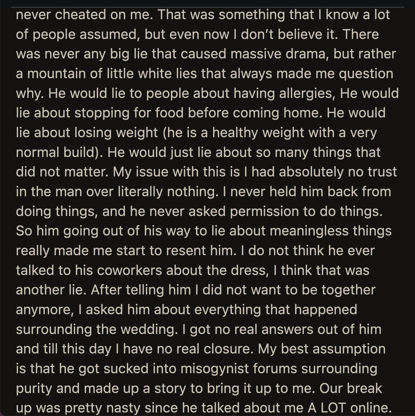 OP didn't even believe Ryan's preface about the red dress. She thinks he got sucked into misogynistic forums that amplified the biases he already had against women.