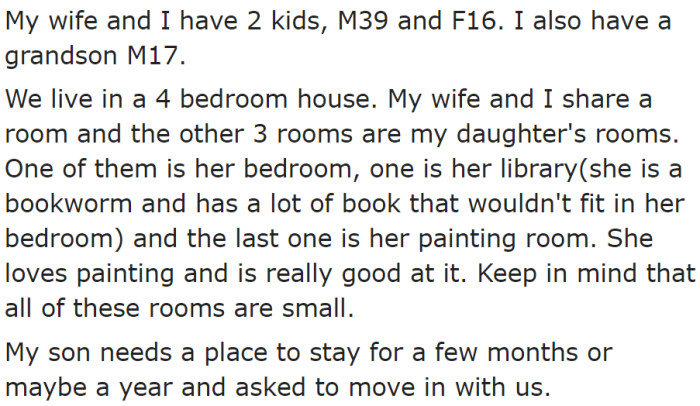 OP lives in a 4 bedroom apartment with his wife and daughter who has three rooms to herself. Now OP's son has asked to move in with them temporarily