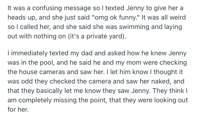 OP got upset after realizing that his parents had checked the security cameras and saw his wife sunbathing nude
