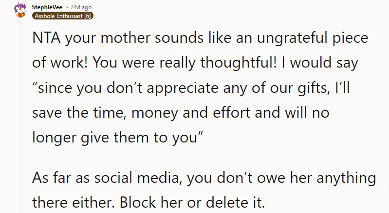 As far as social media, you don’t owe her anything there either.