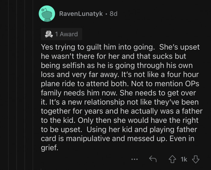 Playing the father card was manipulative on her part.