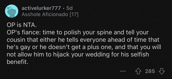 The cousin wants to hijack Op's wedding.