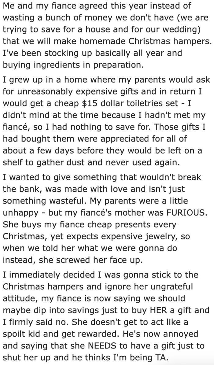 She wants to save money for her wedding and a house. That's why she and her fiancé chose to give out Christmas hampers.