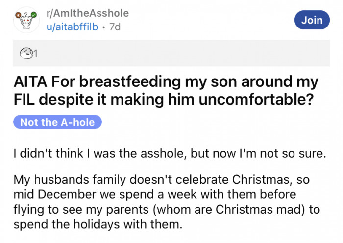 The Reddit user shared a story about an uncomfortable experience she had with her in-laws.