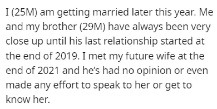 OP's brother never really tried to even speak to OP's wife-to-be in the years they've known each other