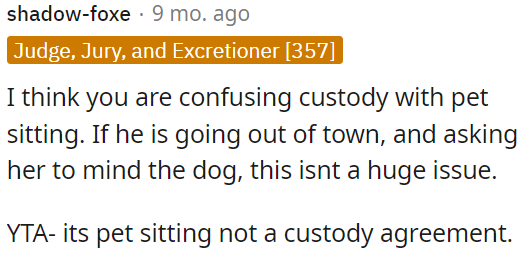 OP is mixing up custody with pet sitting.