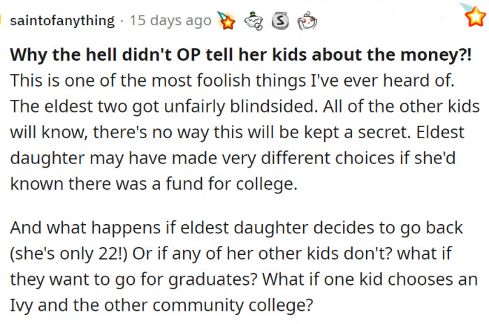 A Redditor thinks that not talking about the funds is an a-hole move.