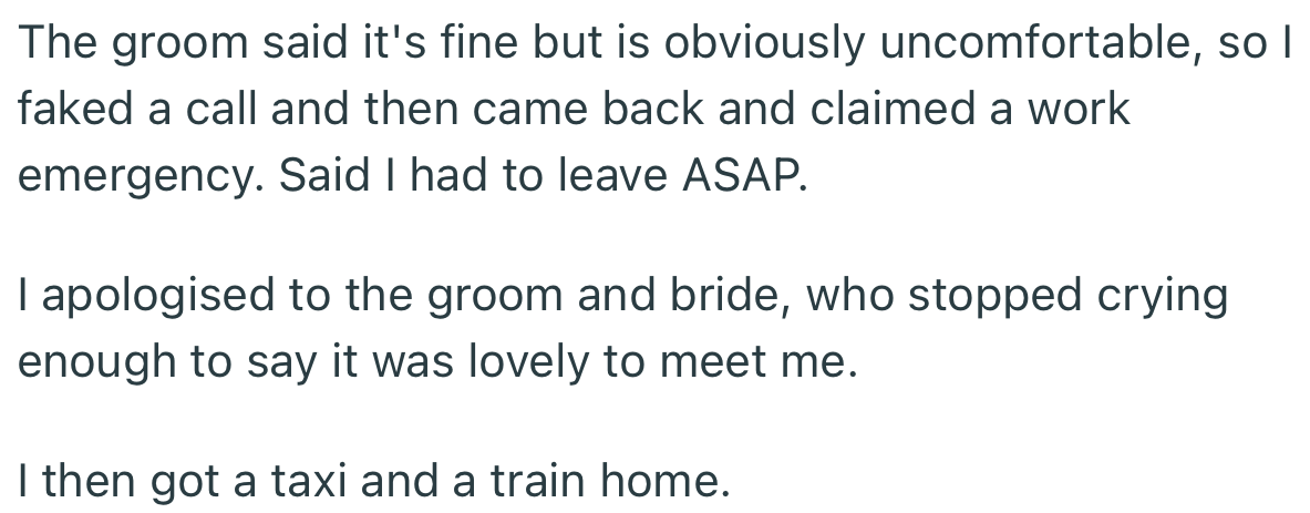 OP faked a work emergency and wiggled her way out of the reception