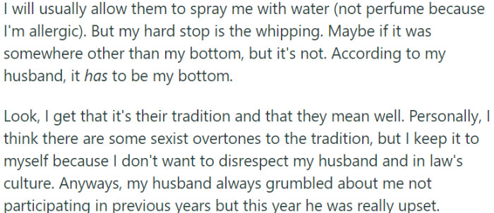 She understands the tradition's intent but sees sexist undertones