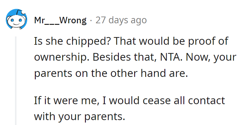 Check for a chip—the ultimate collar ID. As for the parental drama, it's time for a paws-button moment.