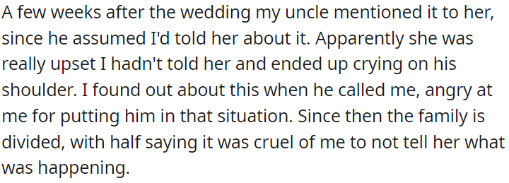 OP's uncle informed his mom about the wedding, assuming OP had already told her, and she was upset and ended up crying to him.