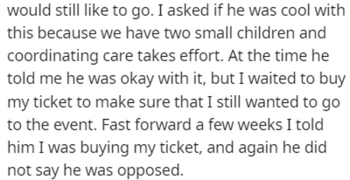 OP Still Wanted to Go and Asked Their Spouse if He Would Be Okay with That