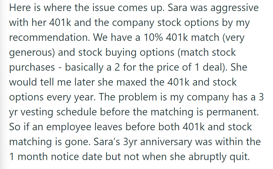 Sara invested heavily but left before being vested, losing benefits.
