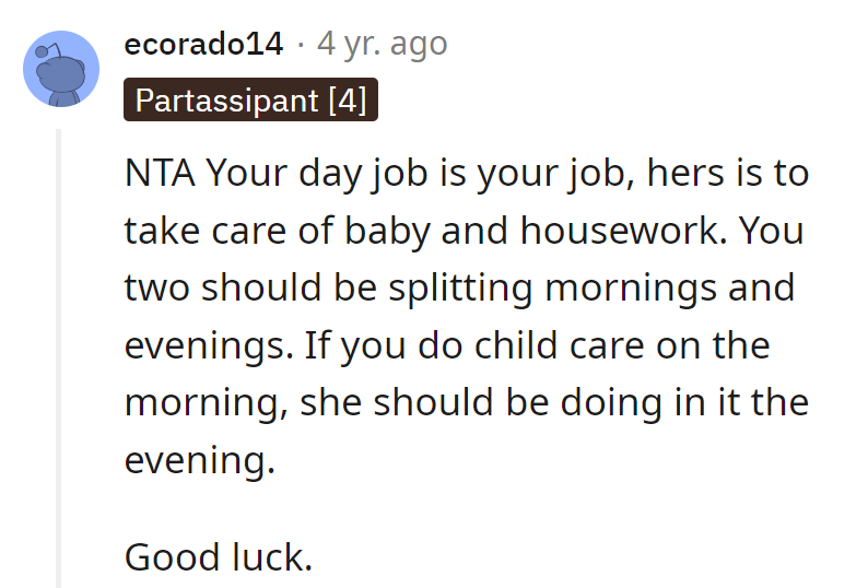 Day job vs. baby duty: mornings for one, evenings for the other. It's a parenting dance, not a solo act.