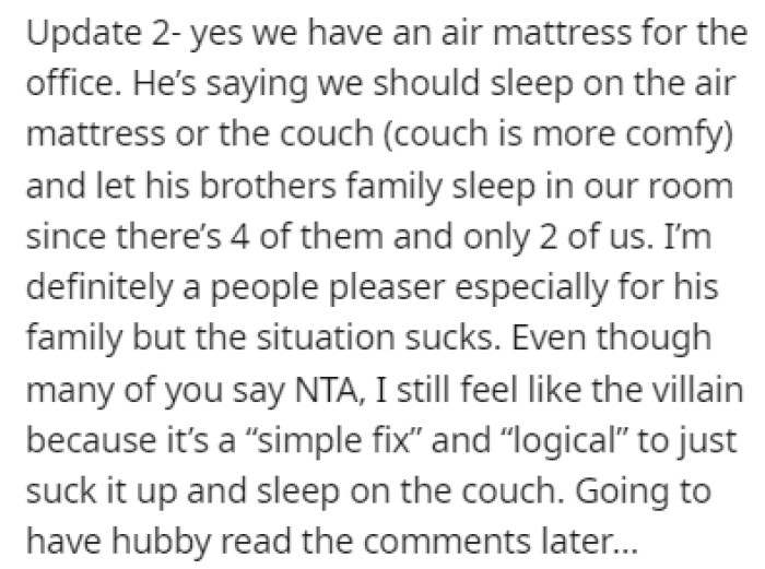 OP hates the situation, but now she feels inclined to let the in-laws have their bedroom