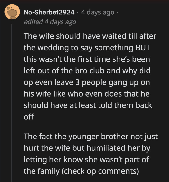 She was definitely wrong for bringing up her issues at someone else's wedding, but what was said could have been the end of her limit