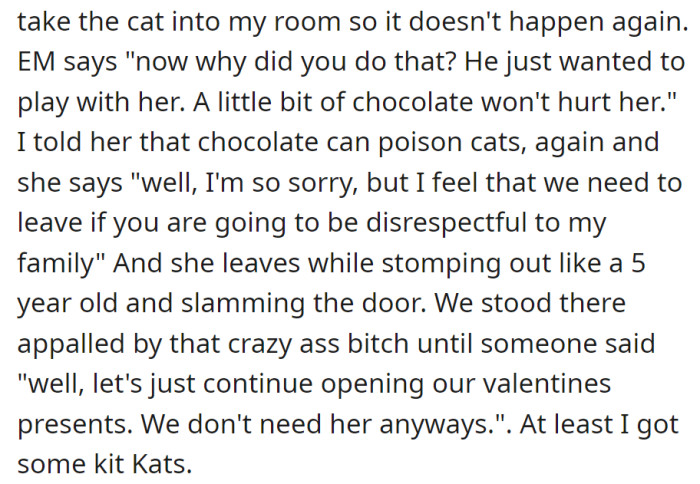 The step-grandma dismissed the cat-chocolate incident, stormed out when confronted, and the group carried on with their Valentine's Day celebration, relieved by her departure and scoring some Kit Kats.