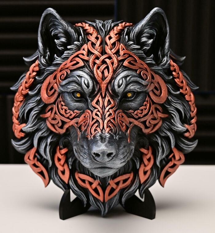 "Just Finished Printing And Painting This Celtic Wolf Head. Super Happy With How The Copper Details Came Out!"