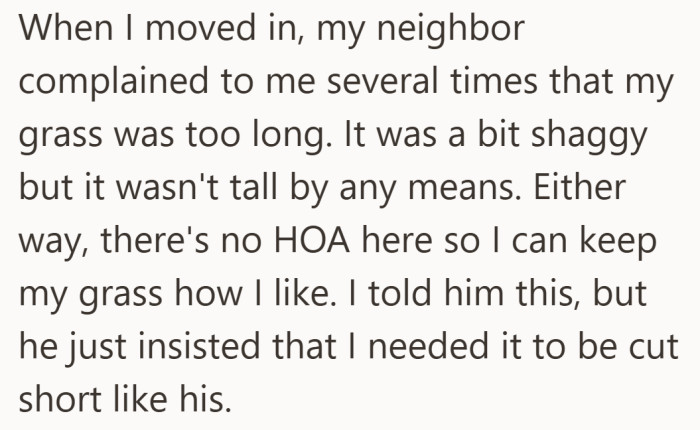 Without an HOA to enforce standards, the disagreement becomes purely about control and expectation.