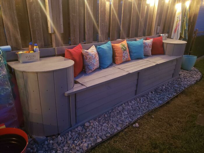 "Just Finished Up This Bench Unit Behind Our Pool. It Has Storage Inside, And Power For Charging Phones And Speakers"
