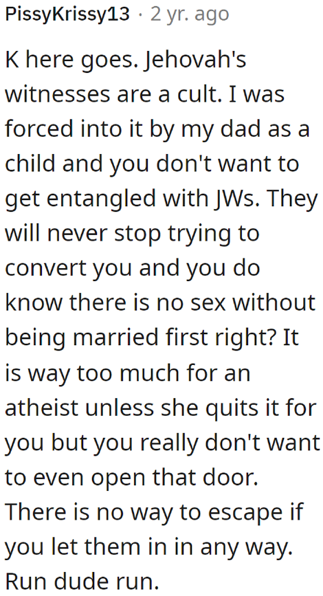 One Redditor Believes That Jehovah's Witnesses Are a Cult and That He Should Never Date This Girl.