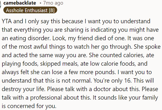 OP's behavior indicates she might have an eating disorder; she needs to talk to a doctor or professional about it.