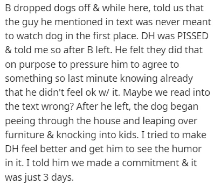 B dropped off the dog and the husband immediately noticed that he wasn't going to be able to handle this