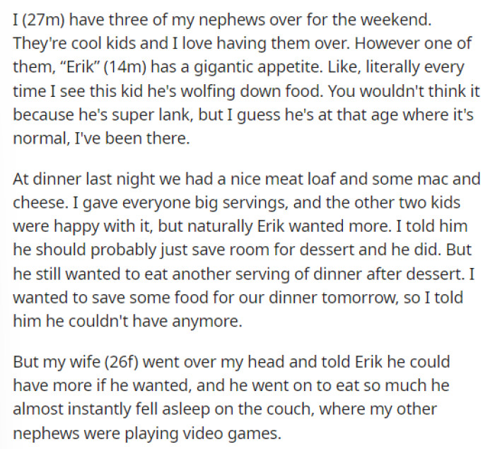 OP starts off his post explaining how his nephews were staying with him over the weekend and what happened with the dinner situation.