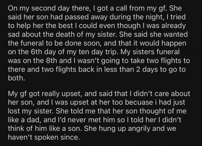 OP’s GF got upset after he refused to come to the funeral.