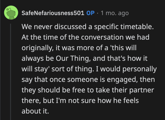 OP said they never defined the specific terms of their agreement and basically have an understanding that their vacation property will remain just theirs