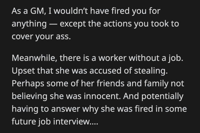 She needs to apologize to the former employee at the very least.