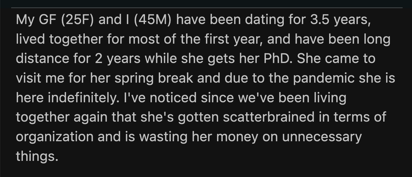 His girlfriend left her shopping bag on top of the coffee table before she logged in for work. OP asked her to put her things away. She promised to do it after she made dinner.