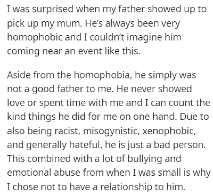 OP and his mom went to the local Pride recently, and he was shocked to see that his father showed up to pick up OP's mom