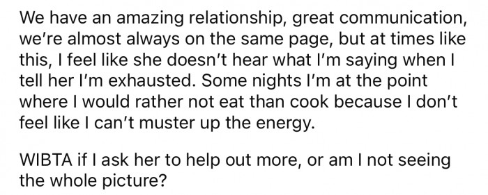 OP is unsure whether it's fair for him to expect his wife to help out more, so he decided to consult with the Reddit community.