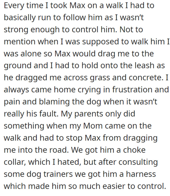 Max, when taken on a walk, pulled on the leash, making it hard for OP to take him out to release the dog’s excess energy. After consultations with dog trainers, they got him a harness, which helped immensely.