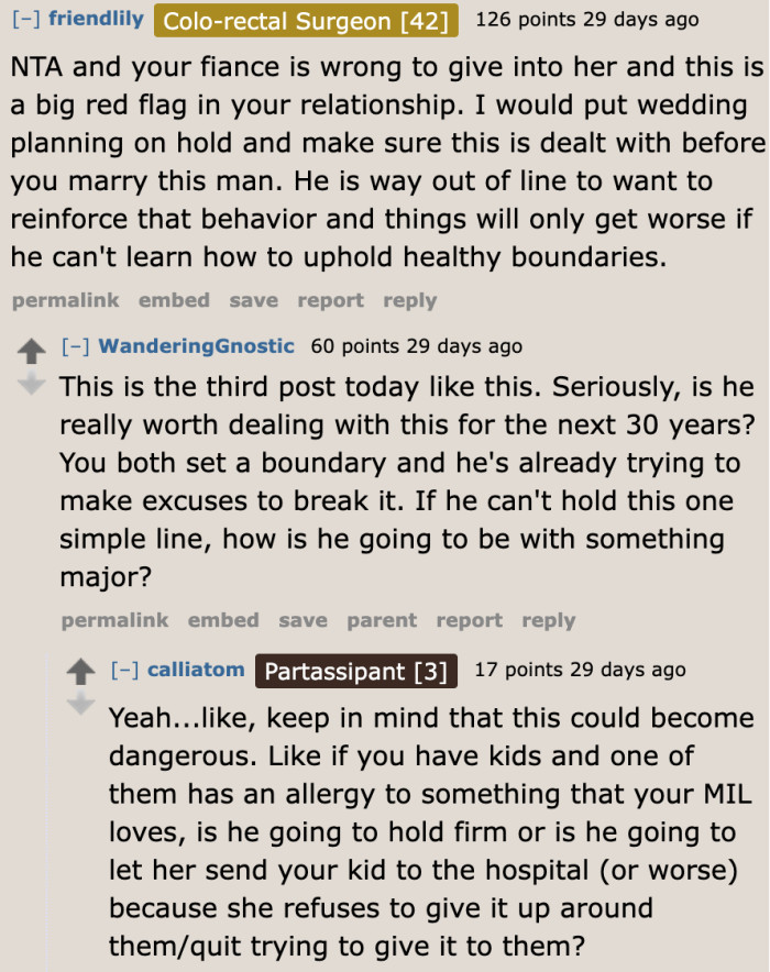 The fiancé wanting to give in to the demands of his mother is a huge red flag for the OP.