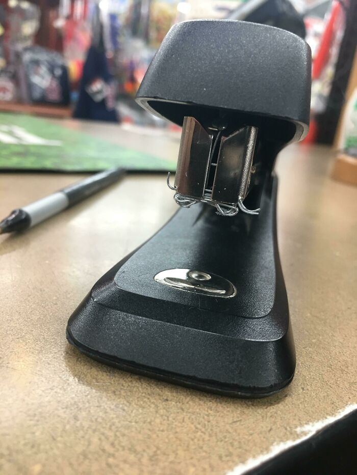 "My Coworker Returned The Front Desk Stapler Like This. Told Me It Ran Out Of Ink"