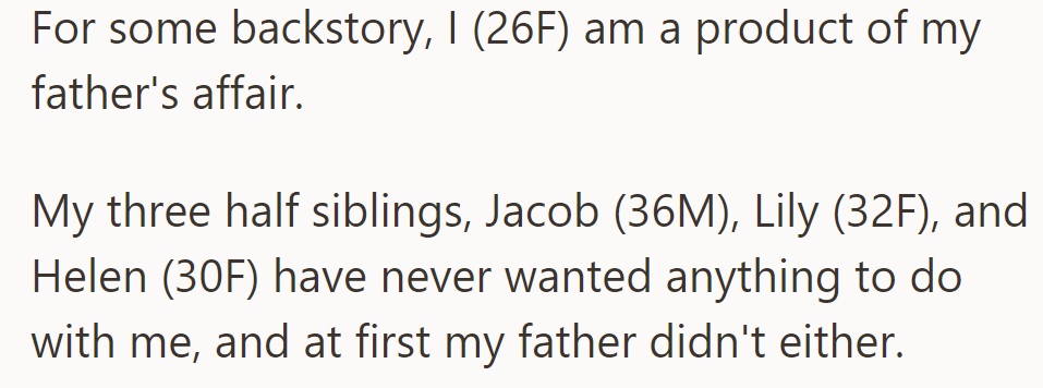OP, a product of her father's affair, is estranged from her three half-siblings and initially rejected by her father.