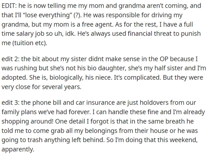 OP's father has escalated to the point of issuing threats to dispose of OP's belongings from the house.