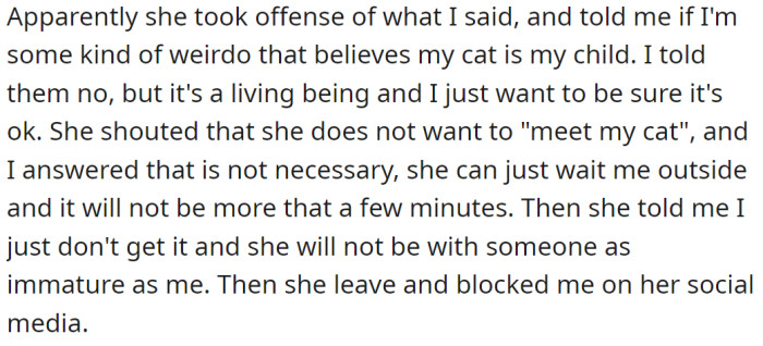 But she got upset with the OP checking on his cat and left: