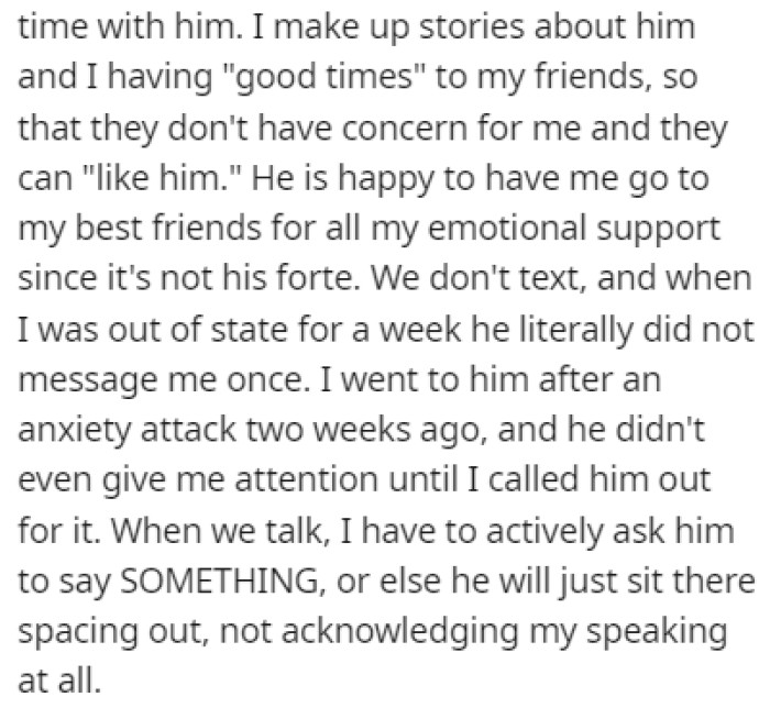 The husband isn't emotionally available when OP needs him