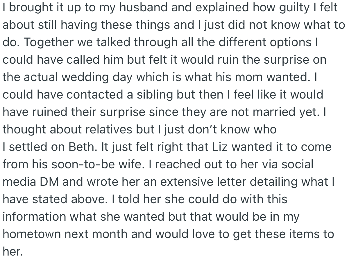 OP reached out to Beth and asked her to pick up the gift, which she would then present to Anthony herself.