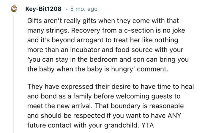 “That boundary is reasonable and should be respected if you want to have ANY future contact with your grandchild.”